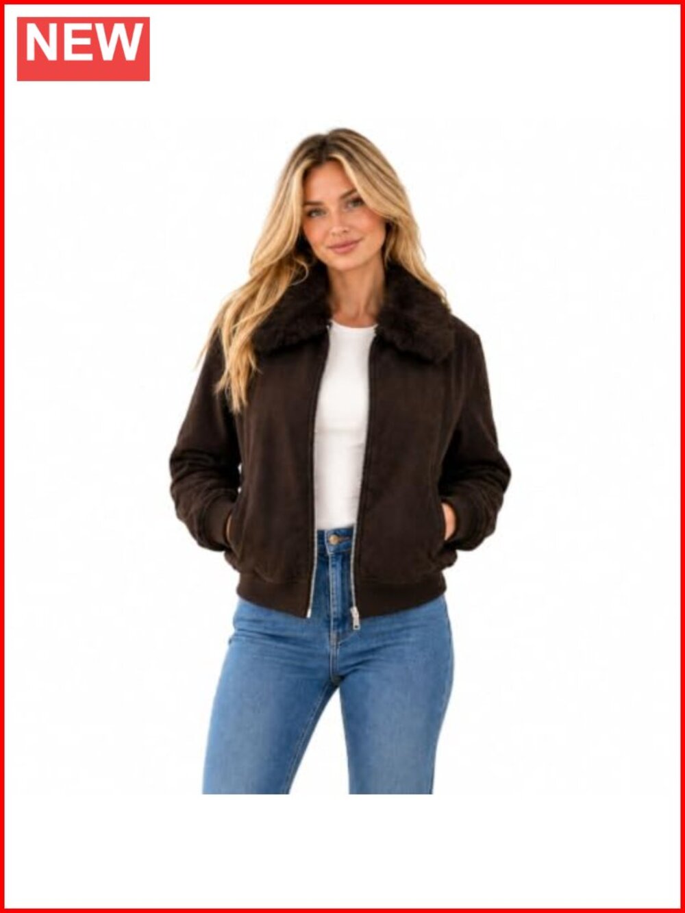 Women's Faux Suede Bomber Jacket Faux Shearling Collar Junior Sizing